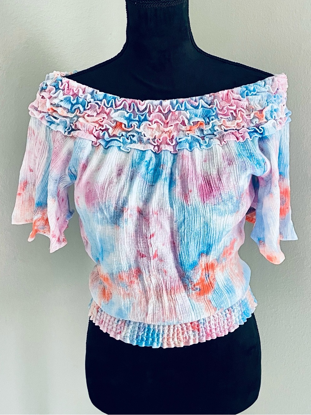 Versona Pastel Tie-Dye Off-Shoulder Ruffle Crop Top (M)